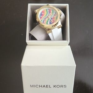 Michael Kors Gold and White Watch with Leather Strap